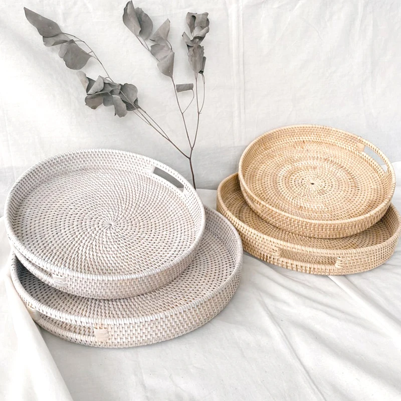 Set of 2 Rattan Tray, Boho Straw serving tray with Handle,Coffee Table Tray Wholesale Vietnam