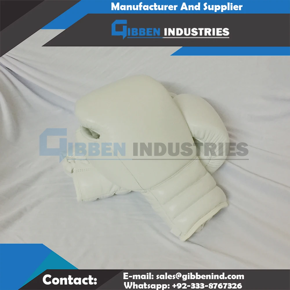 High Quality White Color Cowhide Leather Lace Up Boxing Gloves With Customized Logo Printing