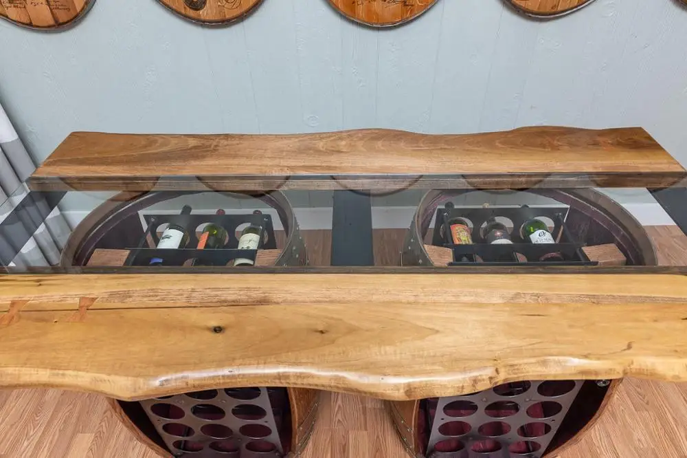 Live Edge top on vintage style Barrel Bar wine cabinet