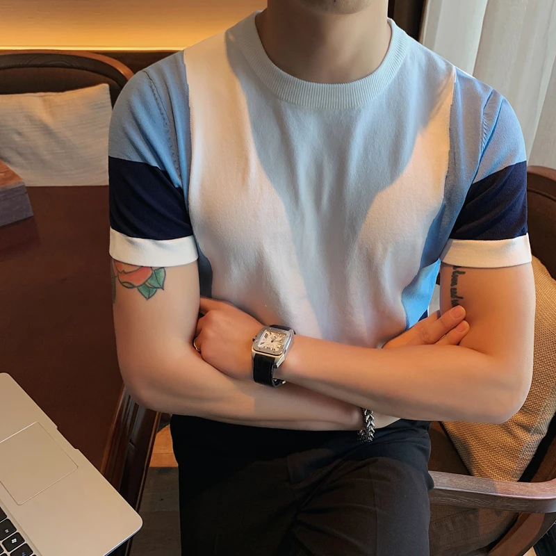 Custom logo printing design mens tshirt summer British style knitting T-shirt