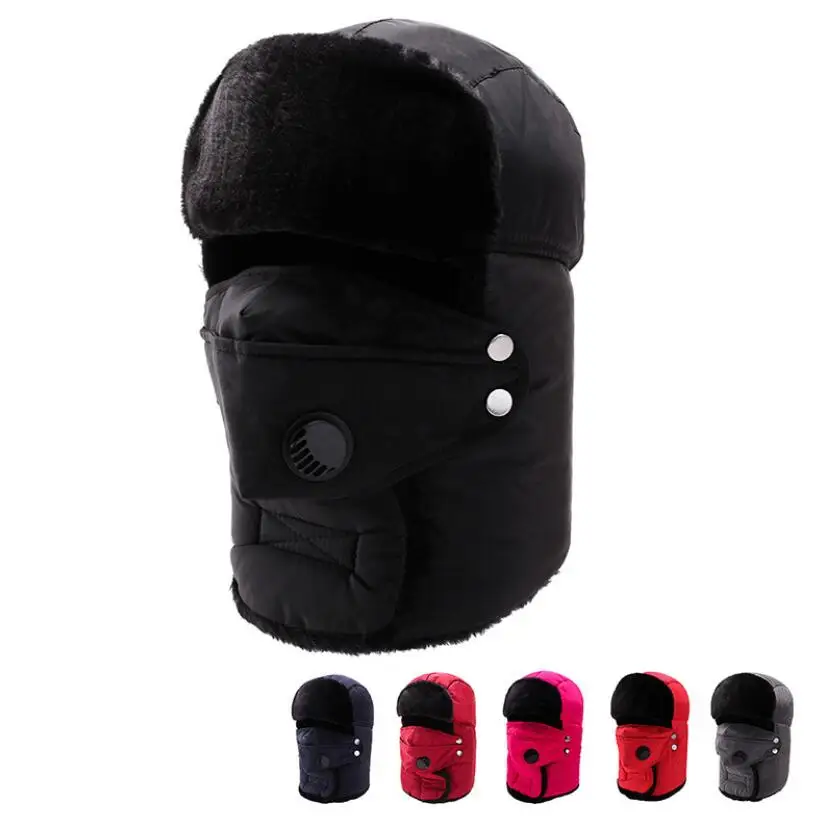 
Wholesale Winter Bomber Hats Men Women Thicker Fur Earflap Heating Plain Snow Cap Russian Plush Ski Hat with mask 