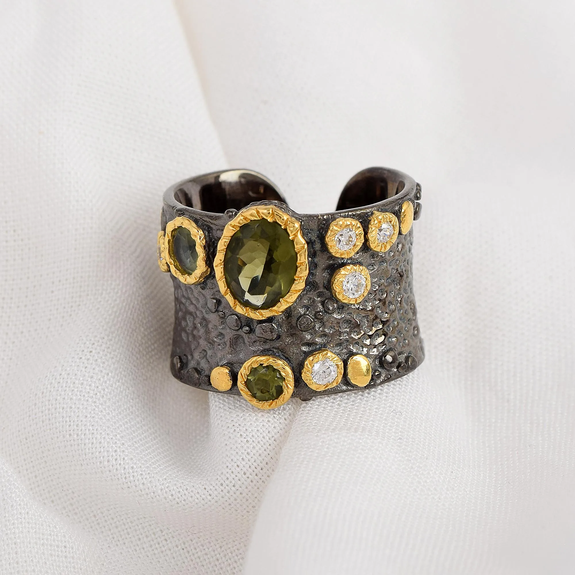 New Arrivals 925 Sterling Silver Cubic Zirconia Moldavite Gemstone Dainty Cuff Ring Wholesale Gold Plated Adjustable Jewelry