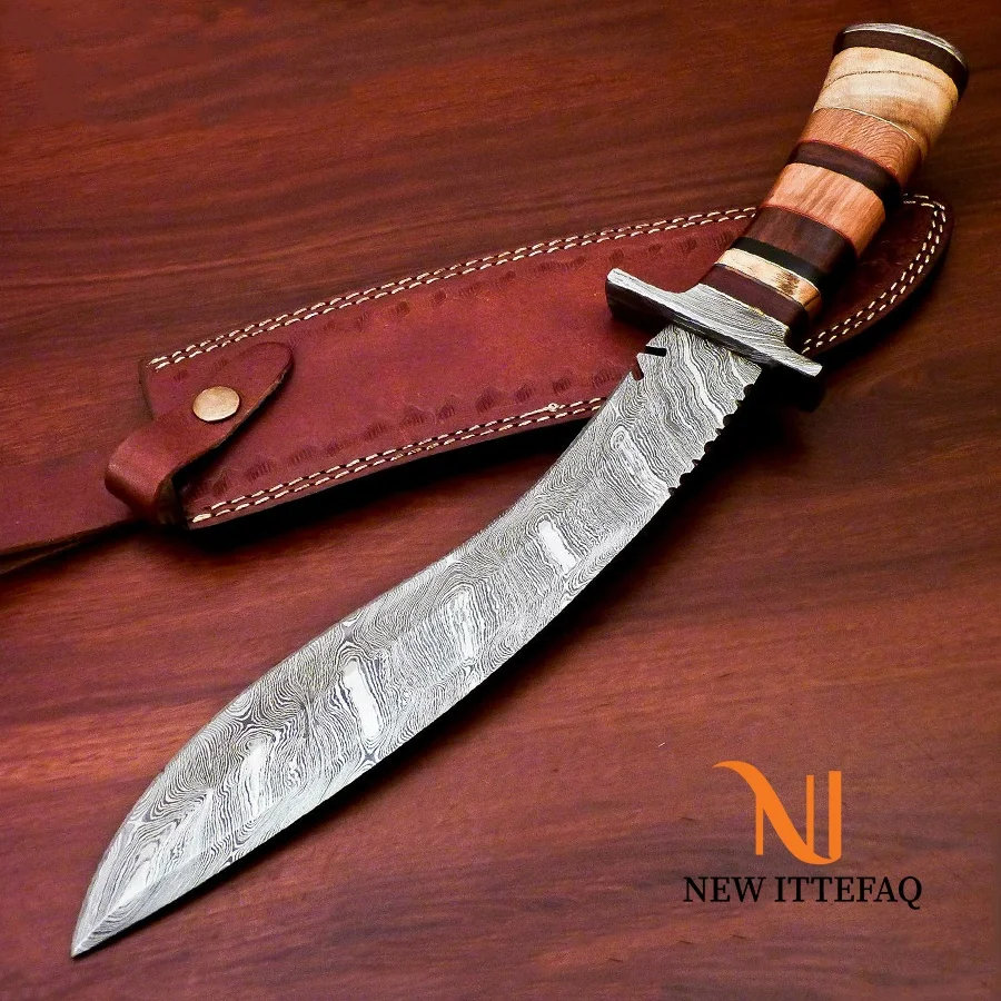 
NEW ITTEFAQ | CUSTOM MADE DAMASCUS BOWIE HUNTING KNIFE - DAMASCUS GUARD With Leather Sheath 