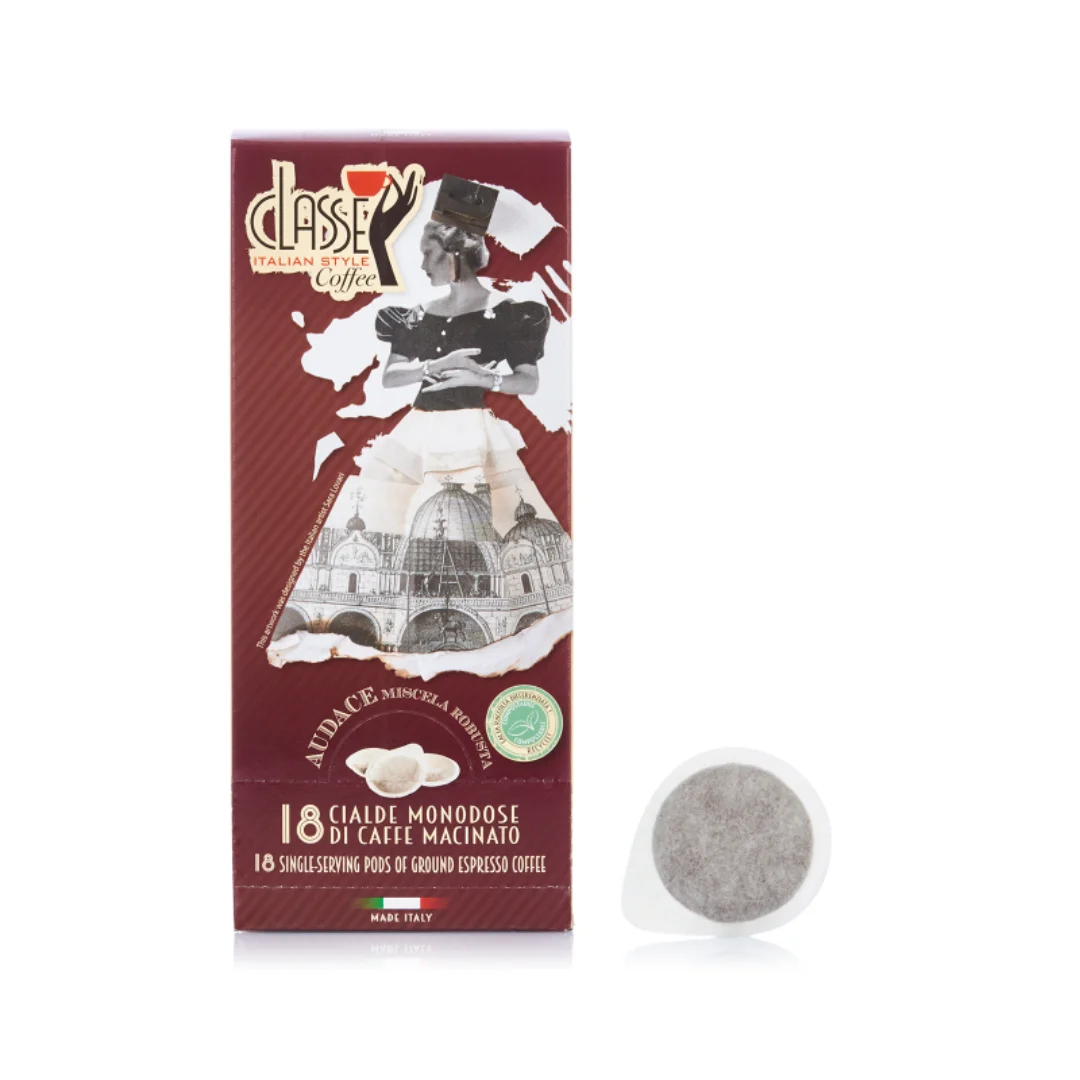 High quality Robusta blend made in Italy Miscela Audace 100% compostable ESE coffee pods 18 pcs