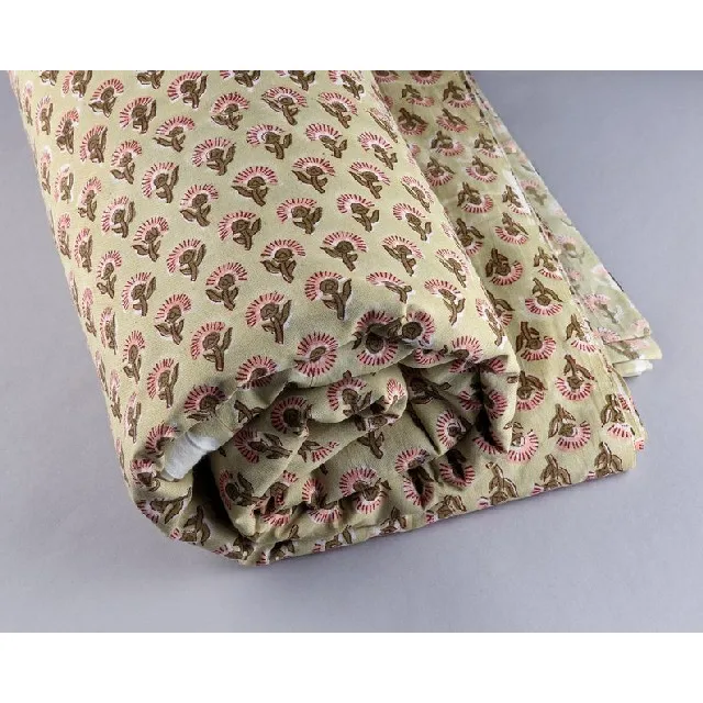 Indian Green Block Print Fabric 100% Cotton Jersey with Wax Printing for Curtains Sleepwear Toys Saris Home Decor by the Yard