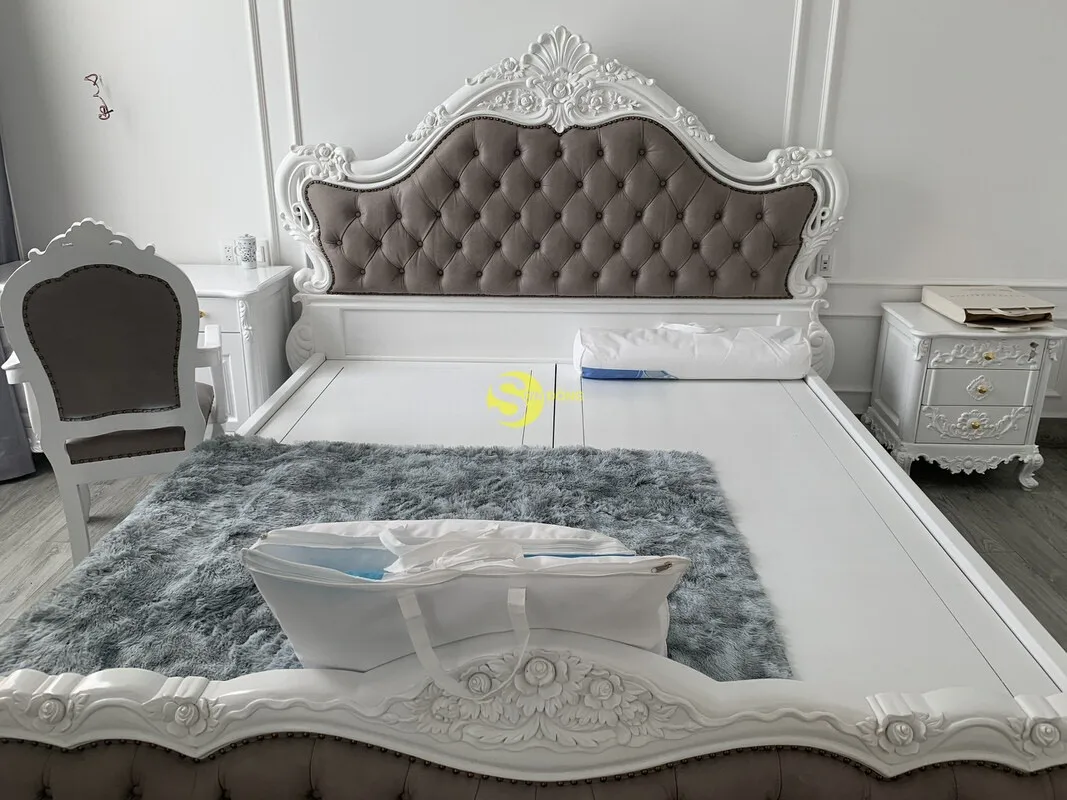 Classic red oak bed and upholstered in genuine leather