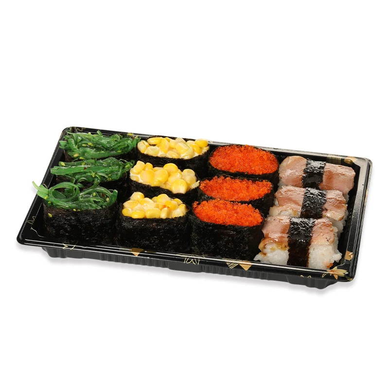 Wholesaler plastic sushi box container serving Japanese sushi tray with lid to go packaging