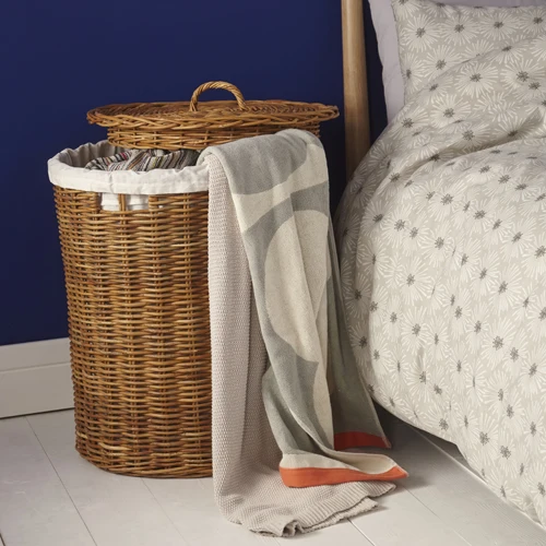 Laundry Basket Eco Friendly Handmade Round Storage Stock  Plant With Fabric Lid Vietnam Wicker Rattan Trash Bin Basket