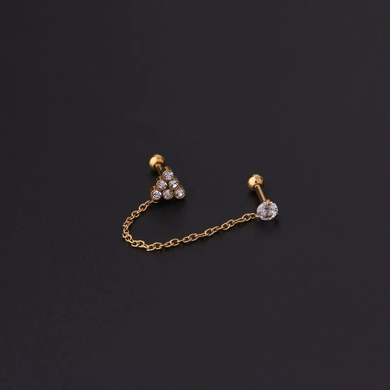 16G Stainless Steel Jewelry Wholesale Gold Cubic Zirconia Dangle Double Piercing Tassel Chain Stud Earrings