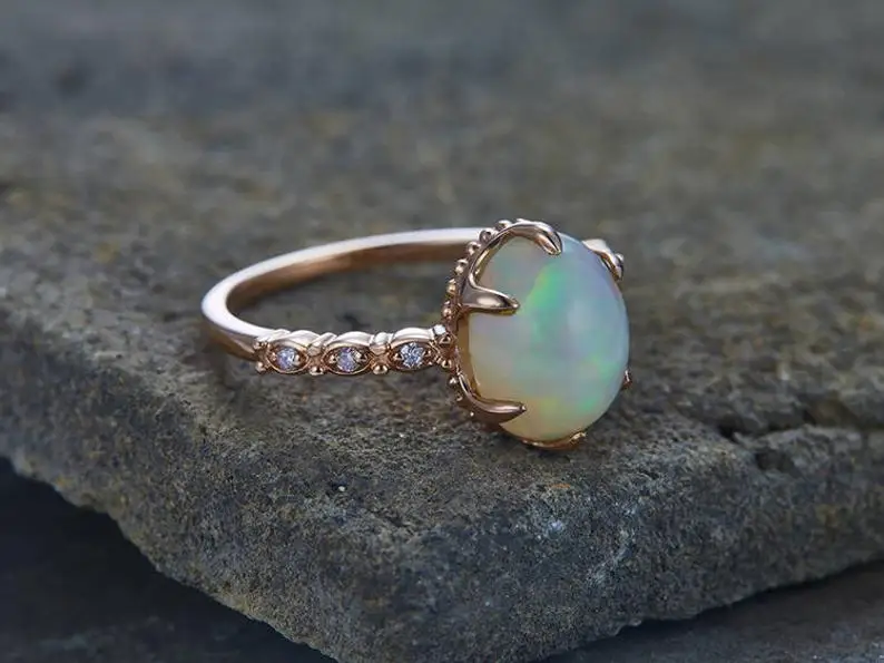 Fire Opal Engagement Ring Unique Art Deco 6-Prong Set Vintage Floral Bridal Wedding Band Silver Rose Gold Plated 925