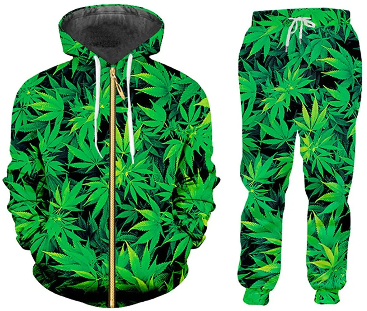Casual Streetwear Sweatshirt and Pants Green Hemp Leaf Weed 3D Crewneck Hoodie Pullovers Men  Tracksuit