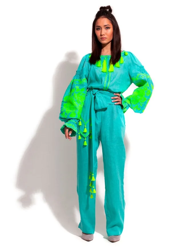 Sea Green winter wear Linen jumpsuit dacorated with floral embroidery balloon puff sleeve ukrainian jumpsuit dress