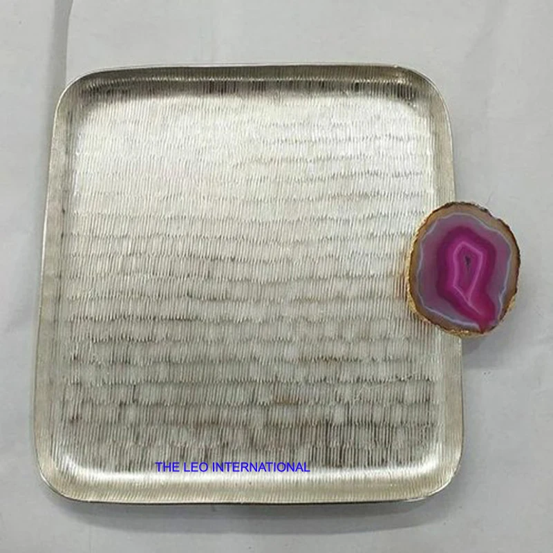 Aluminum metal silver plated rice hammered square shape natural agate stone handle 12X10X1 Inch tableware dinning decoration