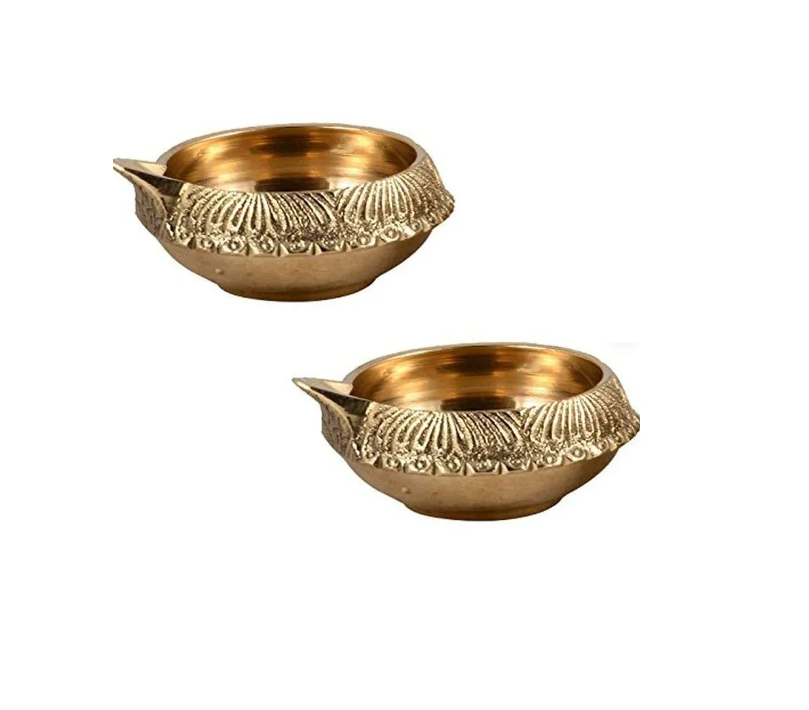 Indian Puja Brass Oil Lamp Golden Diya Lamp Engraved Design Dia - 2.5 Inch for diwali house mandir traditional at best price