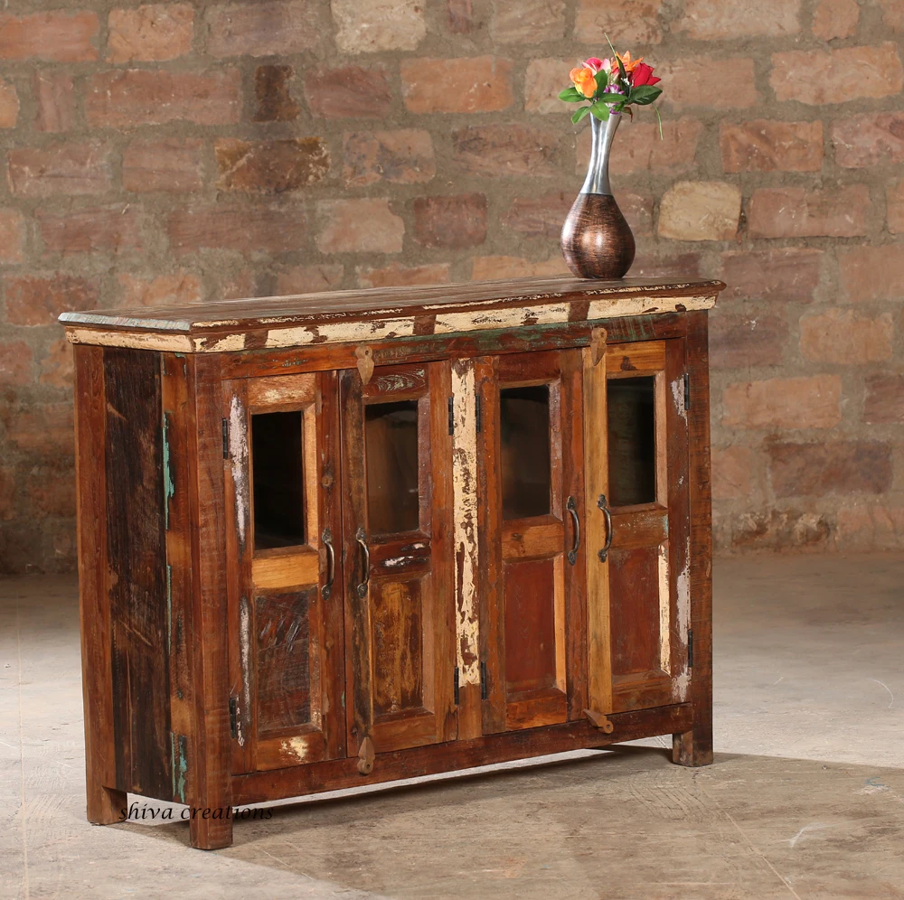 Solid Wood Farmhouse Reclaimed Wood Sideboard Cabinet 4 Glass Door Storage Display Living Room Furniture Chinese Design Style