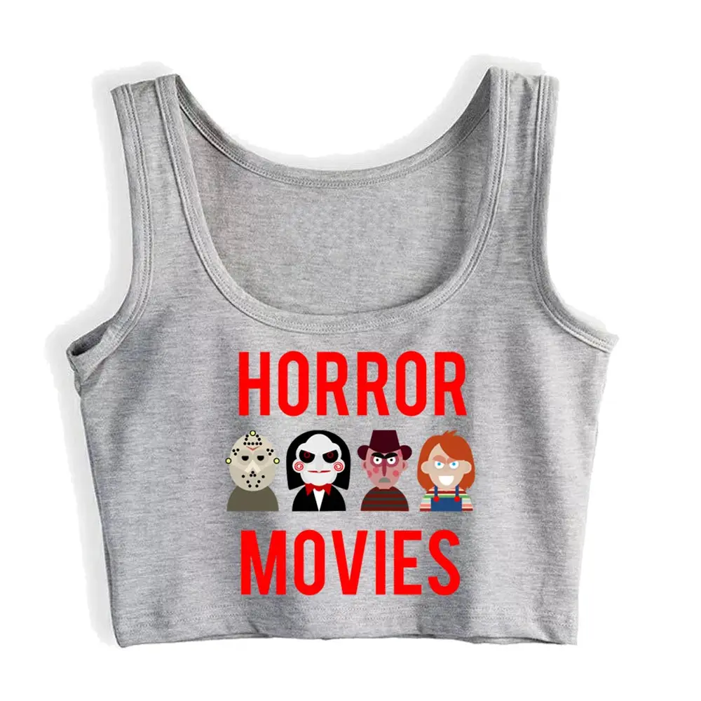 Tops Print Crop Top Female Women Horror Movies Cool White Jersey Short Custom Printing Streetwear Knitted 100% Cotton Plain Dyed