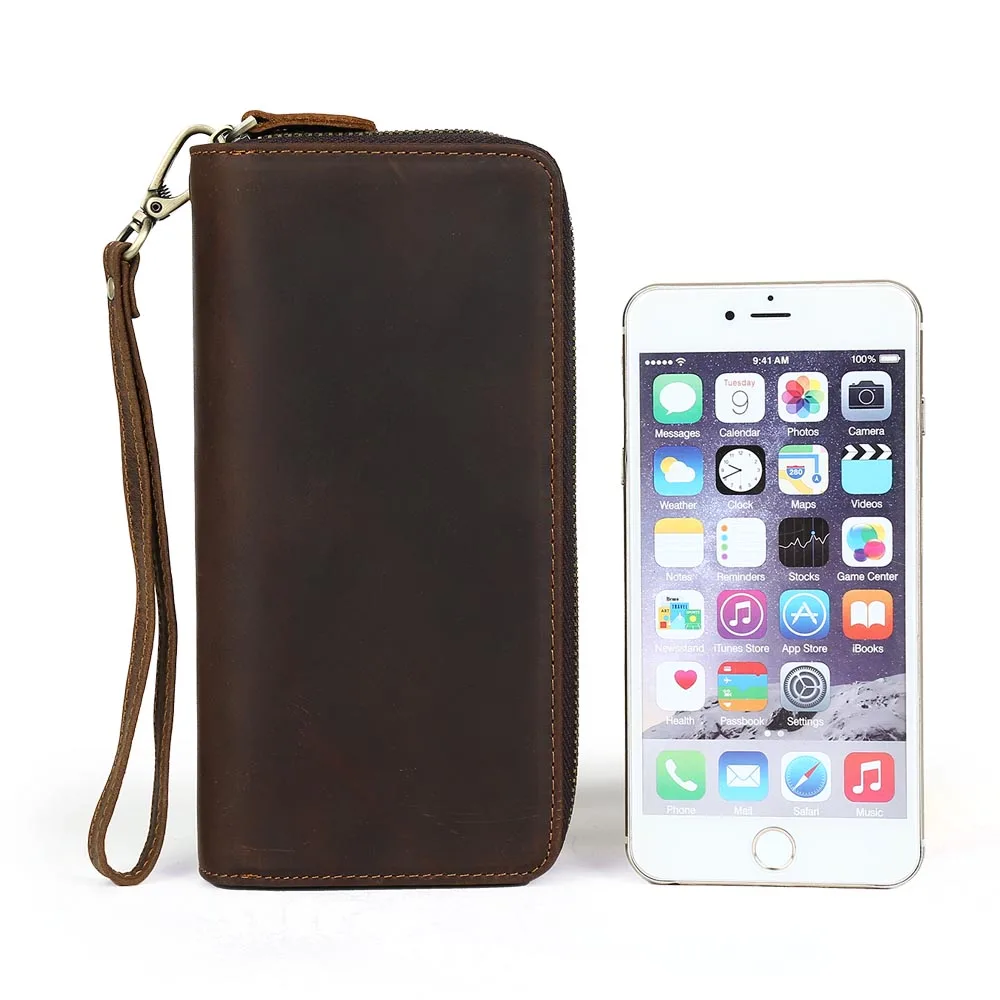 
Custom Vintage 100% Crazy Horse Leather Long Purse Men Handmade Double Zipper Long Genuine Leather Clutch Wallet For Men 