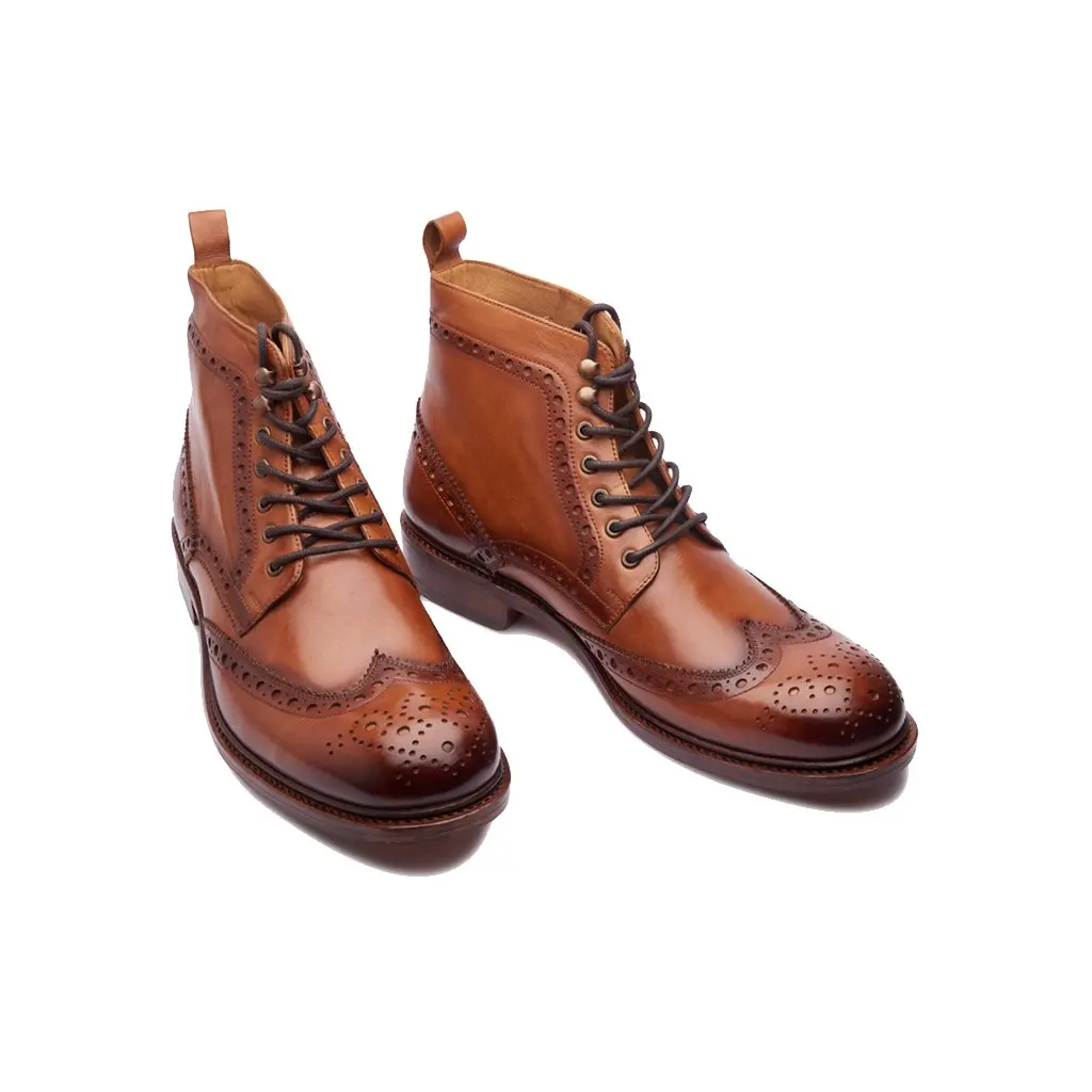 Premium Quality Luxury Handwelted Wingtip Derby Lace Official Business Casual Good Quality Leather Boot Dress Shoes in Tan