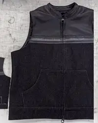 Mens Biker Style Denim Club Vest Side Lace Waistcoat With Real Leather Trim Motorcycle Vest for Men