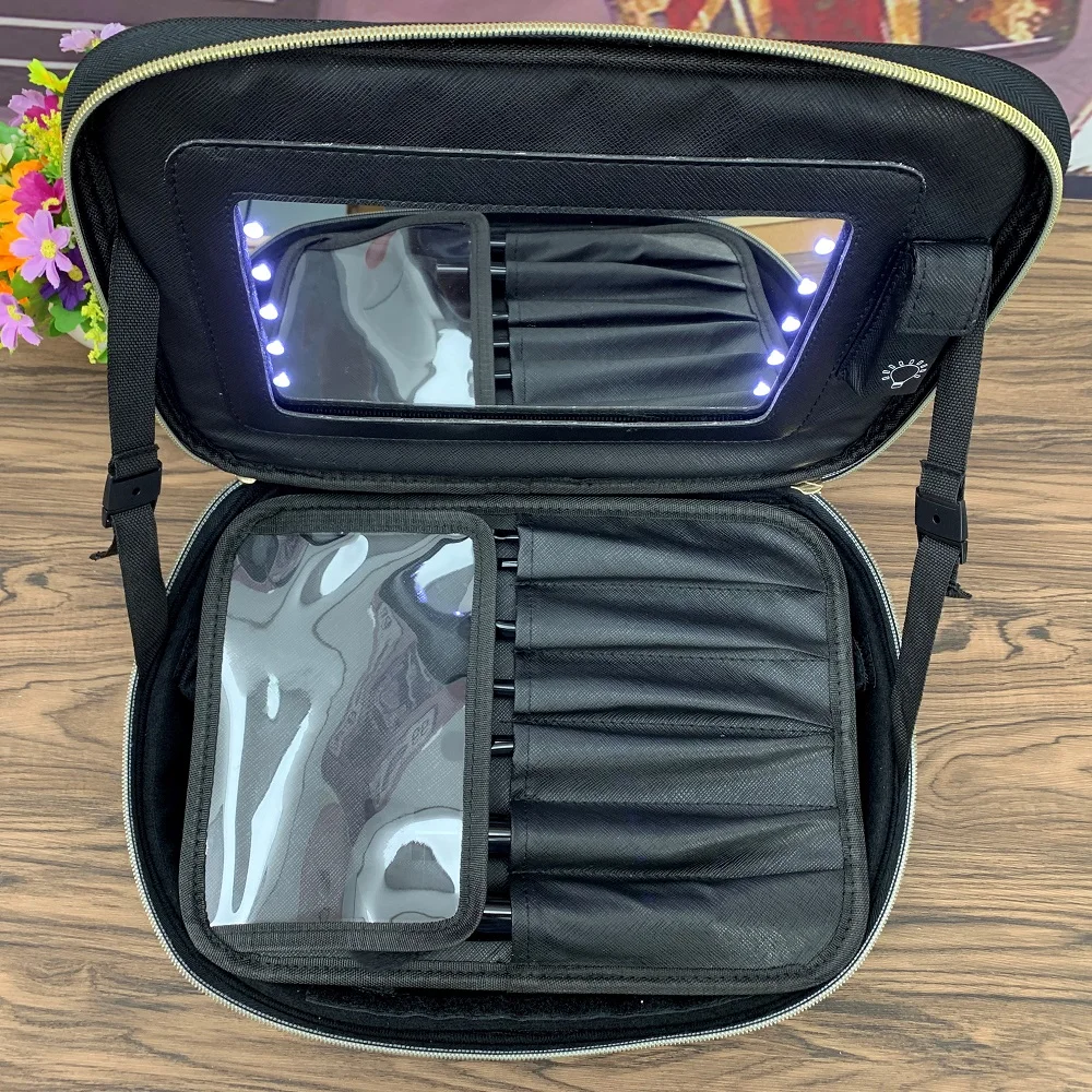 Wholesale Custom LOGO Travel toiletry  polyester / PU  Cosmetic Makeup Bag with white LED Mirror