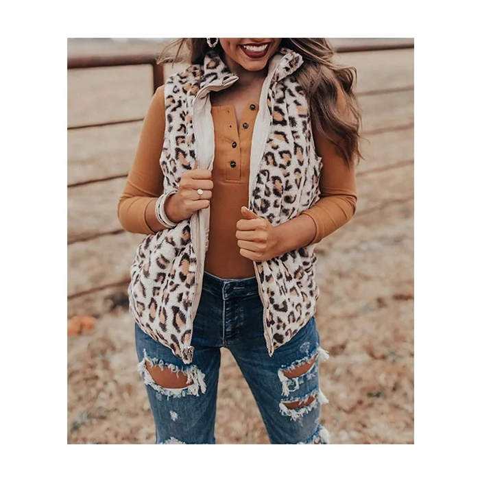 Wholesale Warm Fluffy Vest Plaid Collared Leopard Jacket Reversible Leopard Winter Women Vest