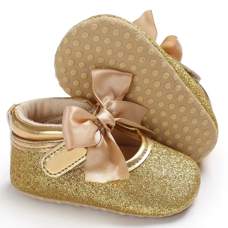 Bling Toddler Princess Gold Glitter Girl Baby Dress Shoes with Bow