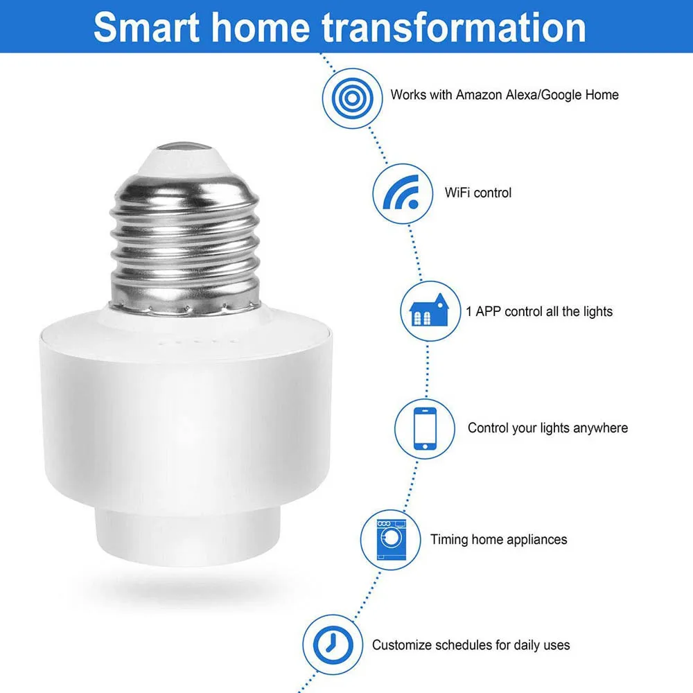 
WiFi Smart Light Base for Smart Life Tuya APP Remote Control E26 E27 Bulb Socket Work with Alexa Home IFTTT 