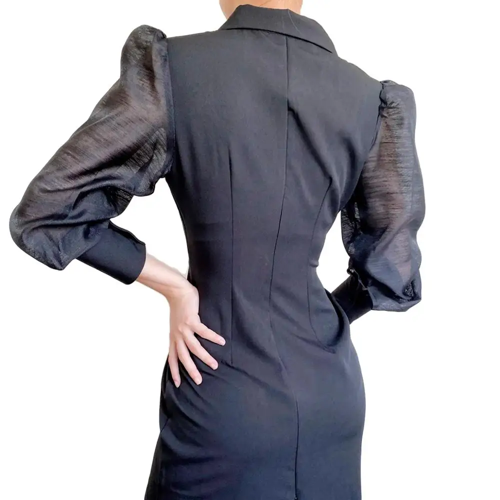 2020 New Arrivals Elegant Black Office Dress Summer Long Sleeve Open End Formal Dress