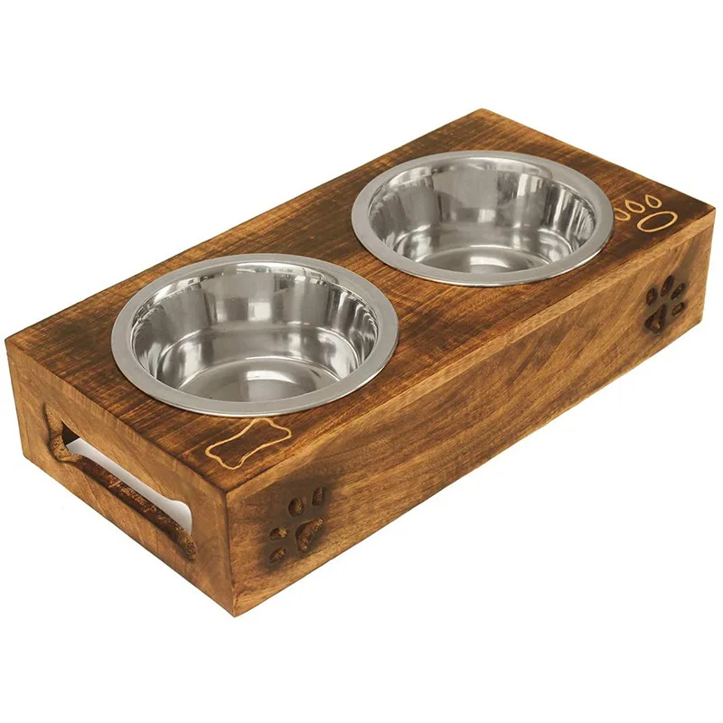 Double Pet Bowl Wooden Pet Feeder Stainless Steel Wooden Stand With Bowls