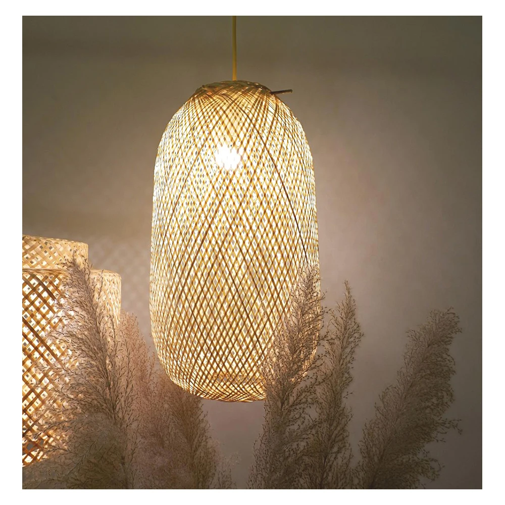 Stylish Woven Bamboo Hanging Lamp Handmade Traditional Design Long Ceiling Pendant Light Switch Garden Hotel Made Vietnam