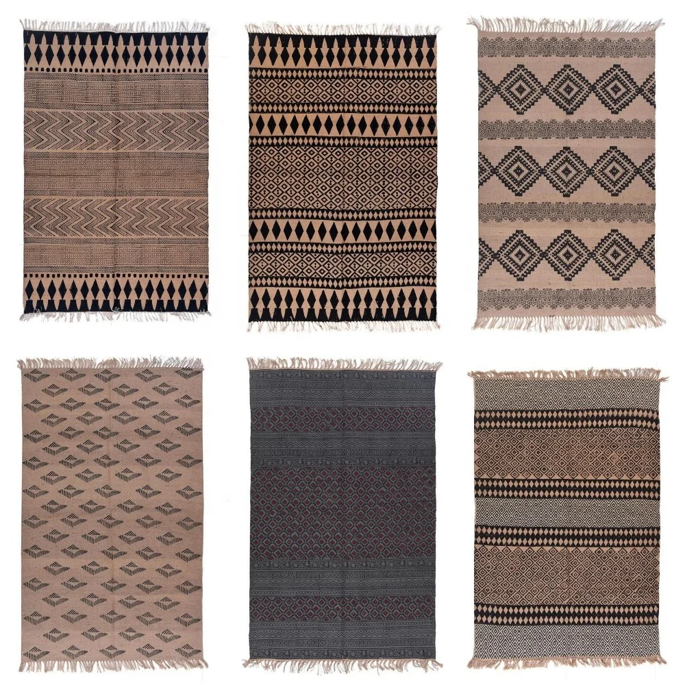 Индийский натуральный и черный цвет ручной ткацкий станок тканый ковер ручная печать джутовый ковры