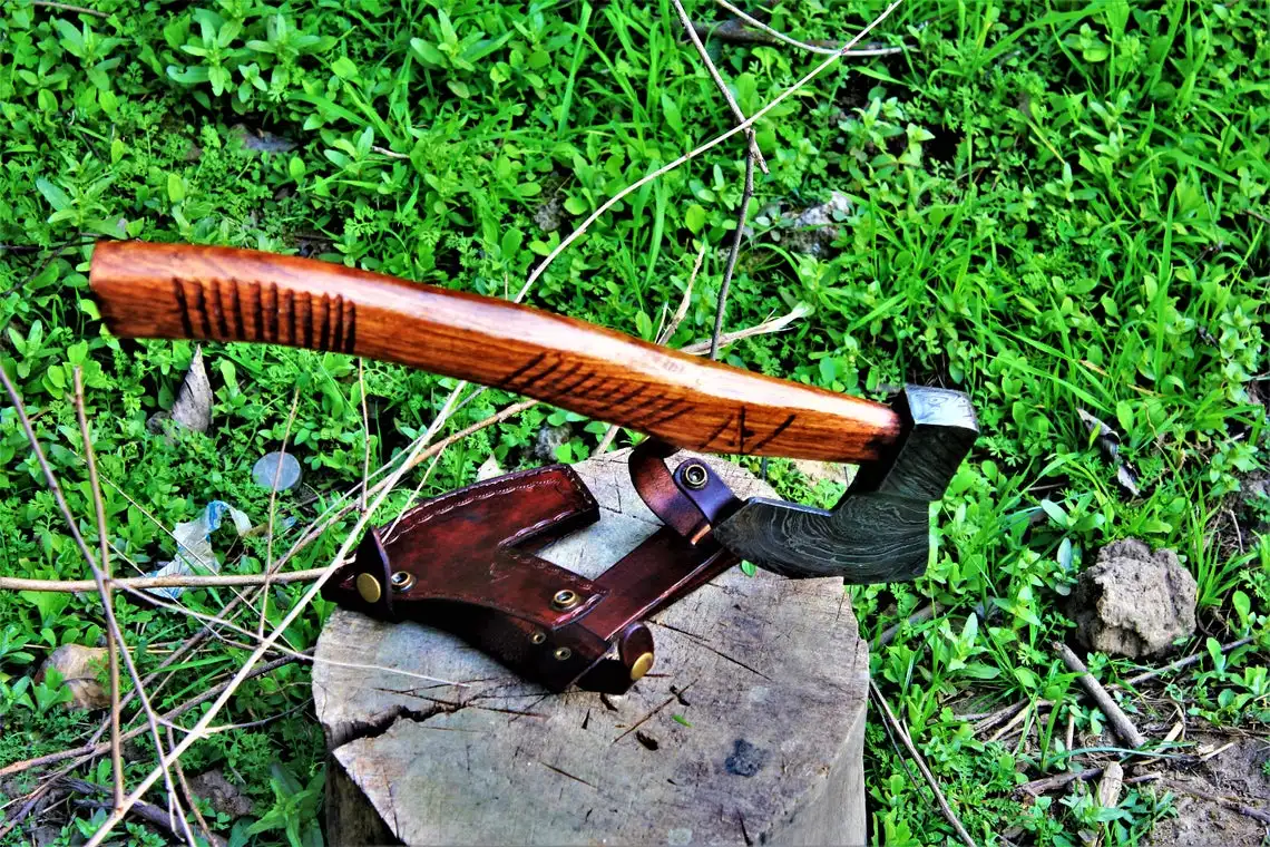 Damascus Steel Axe Handmade Hunting Viking Axe hand carved axe beautiful handle carved