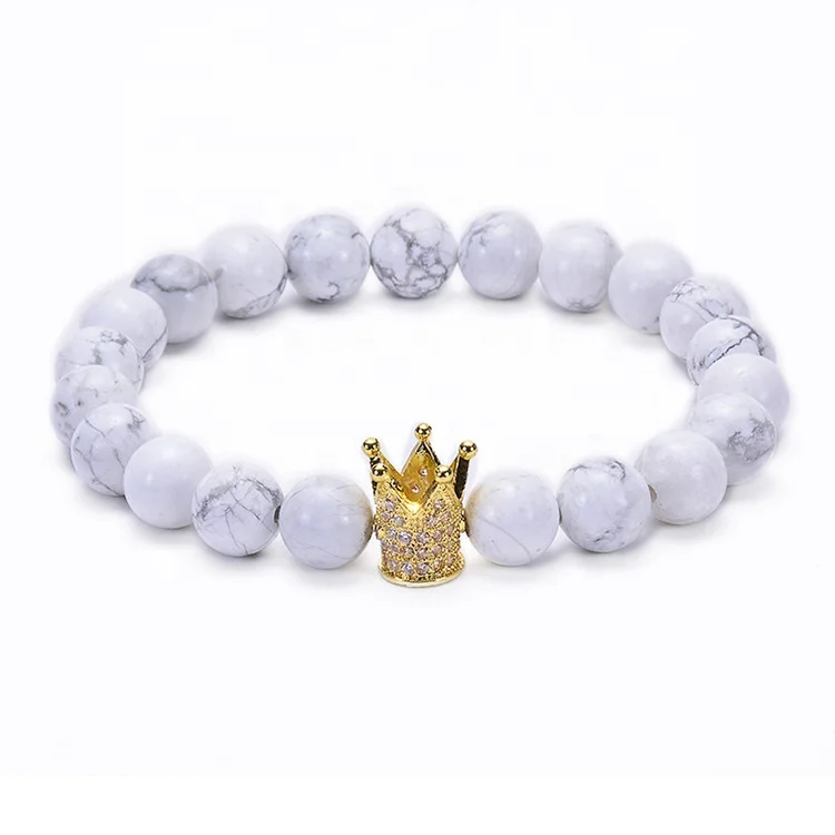 Custom Personalized Matt Black White Turquoise Silver Crown Her King His Queen 8mm Beads Couple Bracelet