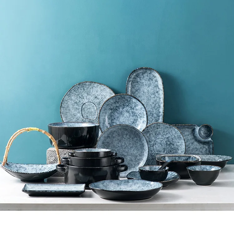 Wholesale customized blue nordic stoneware sets ceramic plates stoneware set reactive glaze plate set