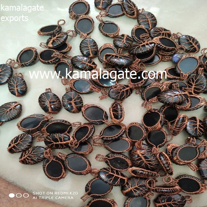Wholesale Natural Black Tourmaline Gemstone Copper Wire Wrap Pendant with Healing Tree of Life Reiki Pattern for Sale