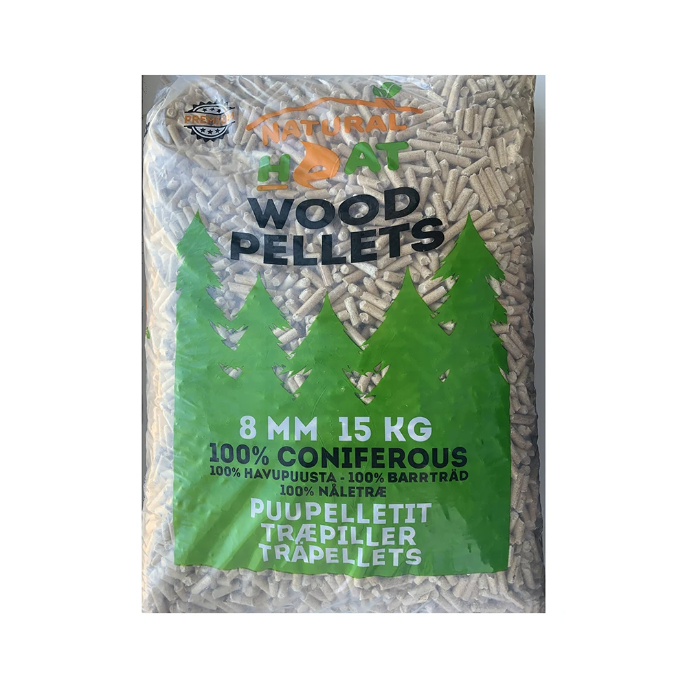 Quality wooden pellets natural compacted solid fuel 15kg plastic pack x65 on a pallet, bulk sale wooden pellets