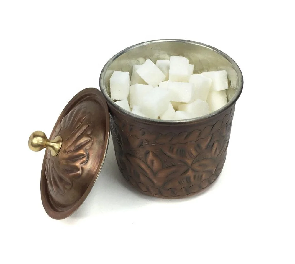 Turkish Handmade Hand Carved Safran Antique Look Copper Spice and Herb Storage, Container, Sugar Bowl