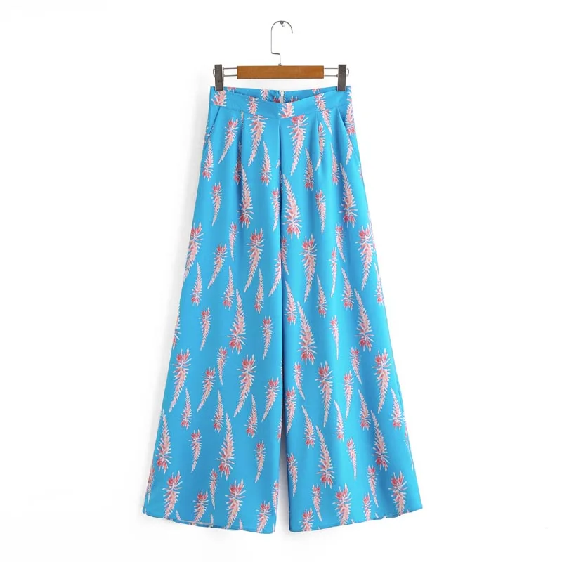 Summer Square Neck Blue Color Floral Print Crop Tops + Wide leg Trousers Sets Women Clothing Set
