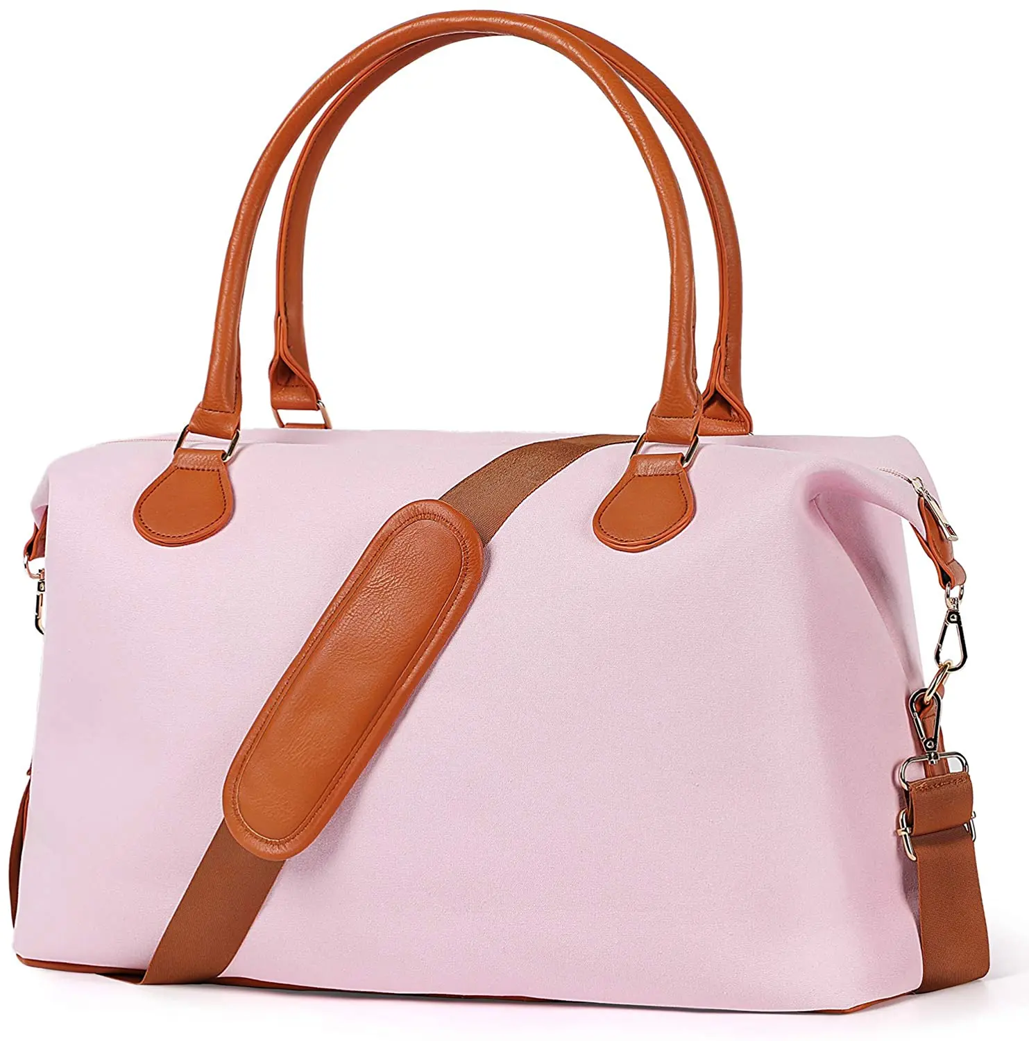 
Pink Duffel Tote Bag for Women Weekend Trip or Vacation Overnight Duffel Bag with Nice Coordinating Brown Handles 