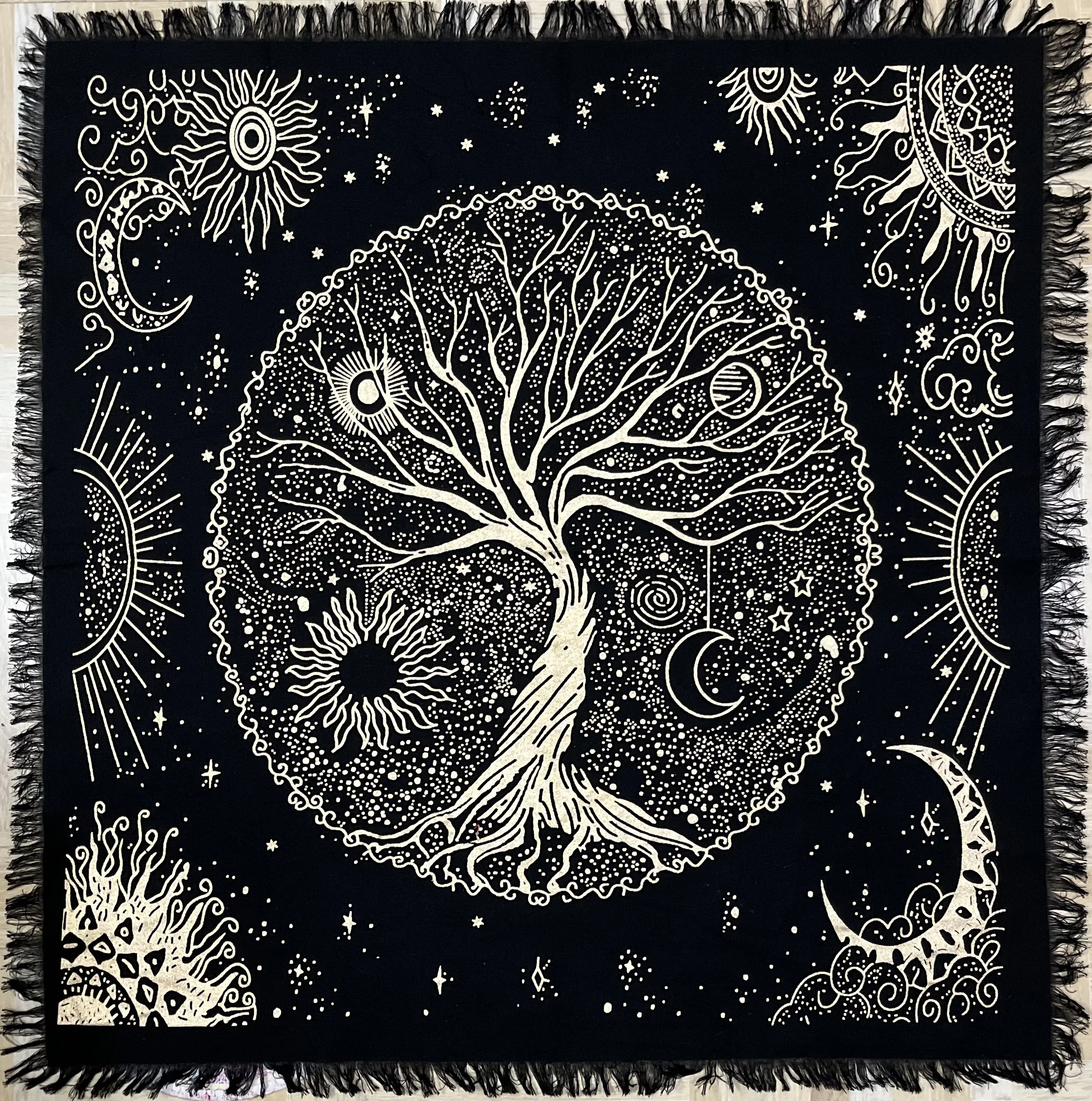 Handmade Bohemian Cotton Square Table Cover Celestial Tree of Life Tarot Spread Indian Woven Tapestry