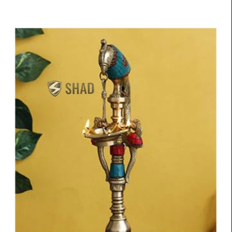 
Ручной работы изображением попугая, античные медные экспонат Diya для 5 фитиль с цветными камнями работы декоративные экспонат 