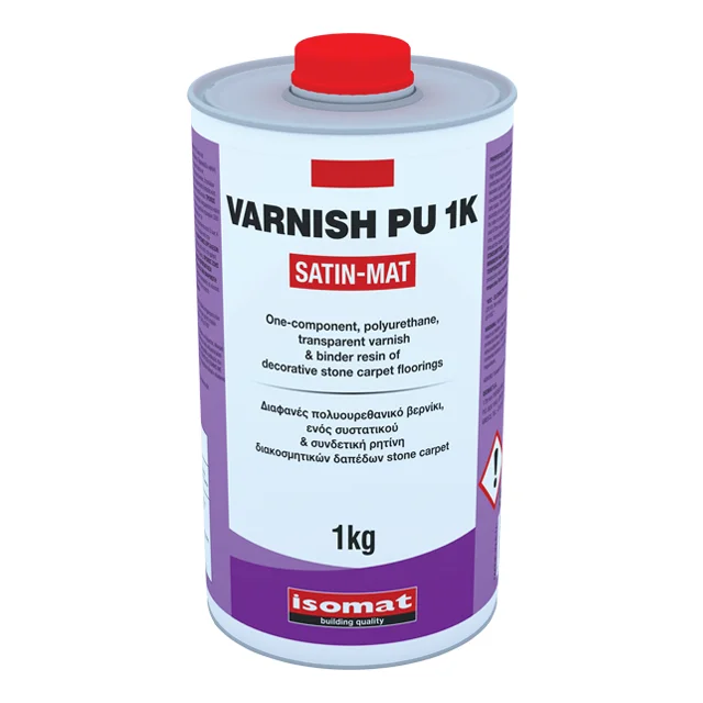 One-component, solvent-free, transparent polyurethane varnish, satin-matt finish and resin binder for decorative stone carpets