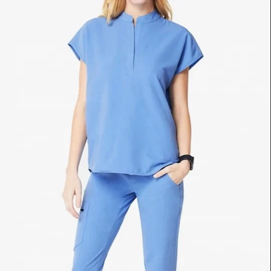 One Button Placket Mandarin Collar Drop-Shoulder Silhouette Comfy Nursing Women Scrubs Tops Uniform