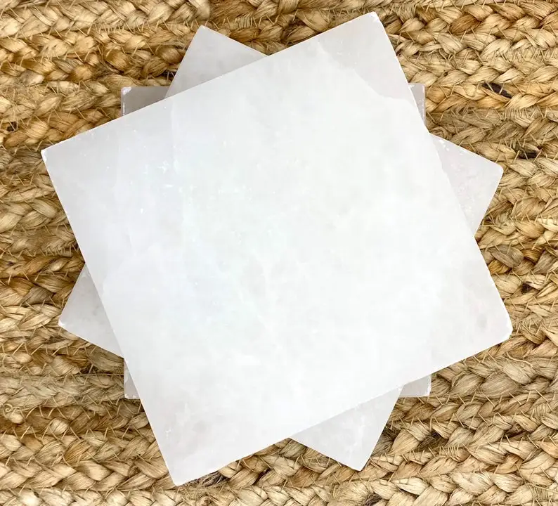 Beautiful Polished Crystal Selenite Charging Plate Square Shape Heart Etching Carved Technique Meditation Inspired Pyramid Stone