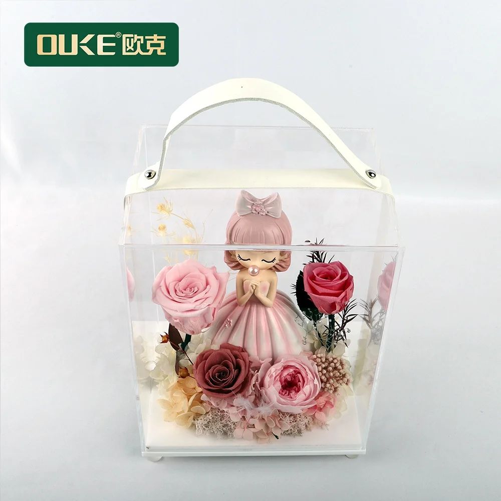 Ouke Clear acrylic preserved flower display box with leather handle