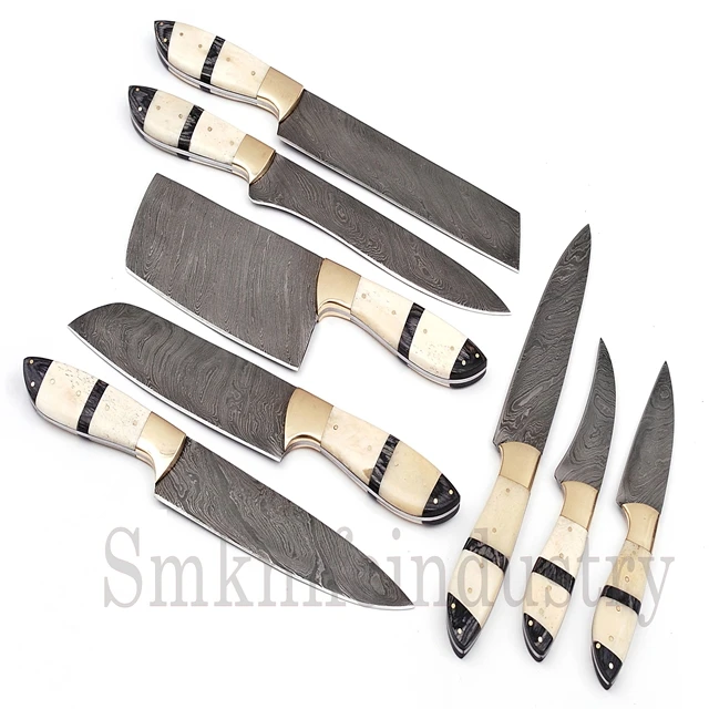 Round Handle Damascus  7 pieces Chef  knives set with leather kit (Smk1578)