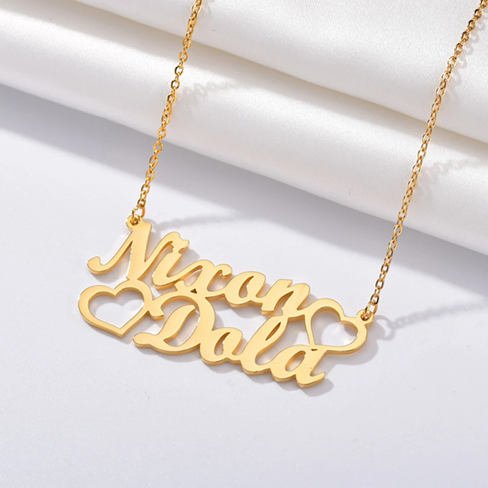 Gold Charm Heart Custom 2 Name Necklace Personalized Nameplate Letter Fashion Women Jewelry