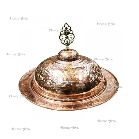 Premium Quality Copper Hammered Butter Dish Embossed Design Round Customized Size Copper Butter Dish and Plate
