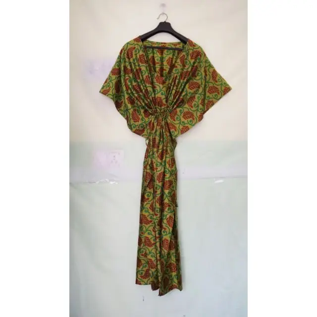 Women Night Wear Caftan Vintage Silk Sari Bathrobe Soft Silk Dress Home Wear Comfortable Maxi Dress Bridal Robe Beach Cover Up