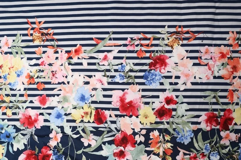 
Stripe Floral Printed Cotton Satin Power Stretch 96.5%Cotton 3.5%Spandex Fabric 
